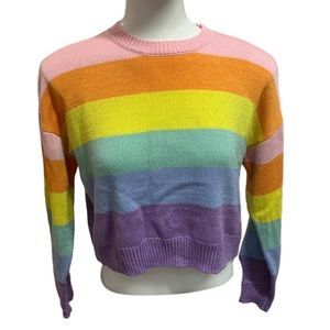 Pastel rainbow thick stripe long sleeve cropped crewneck sweater